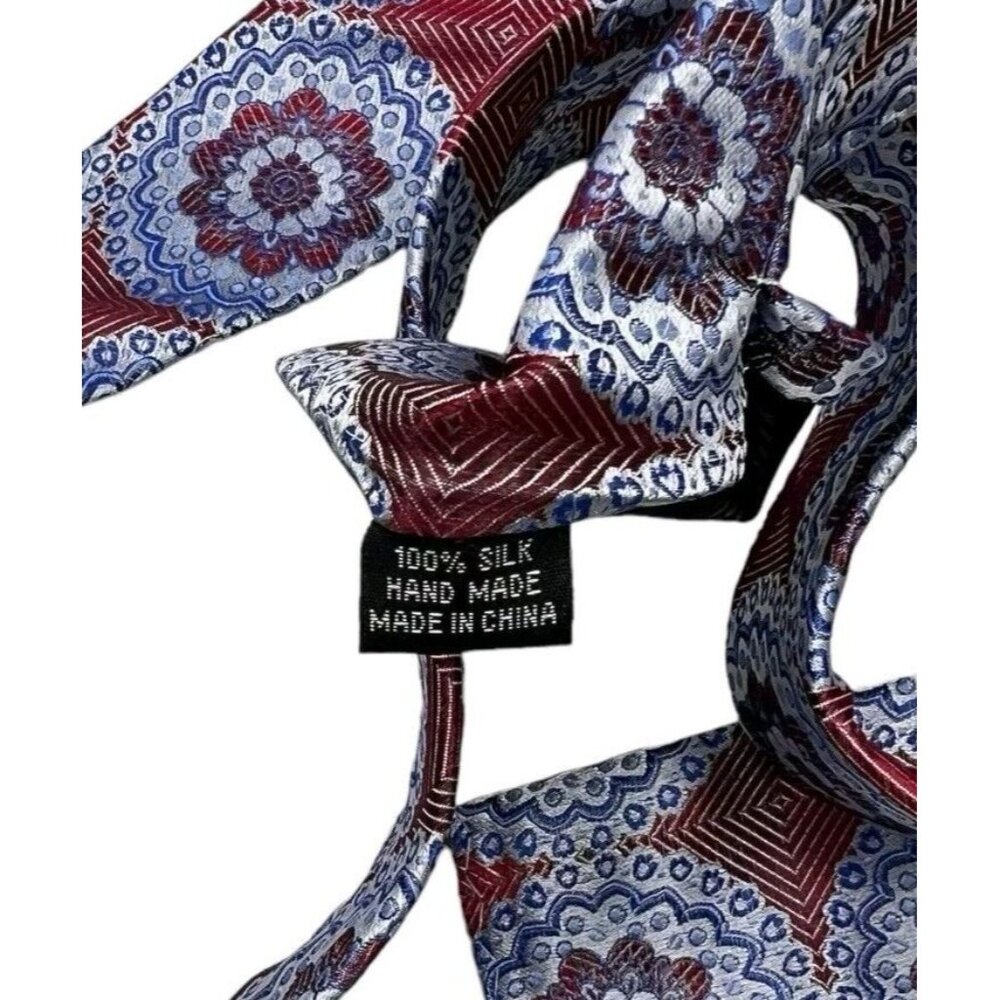 NWT THE BIG KNOT 100% Silk Tie Pocket Square LUXURY XL Blue Red Geometric W:3.6" - Picture 3 of 5